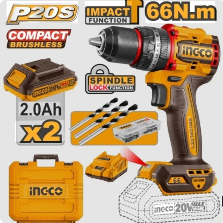 Ingco 20V Brushless Cordless Drill 66Nm + Accessories